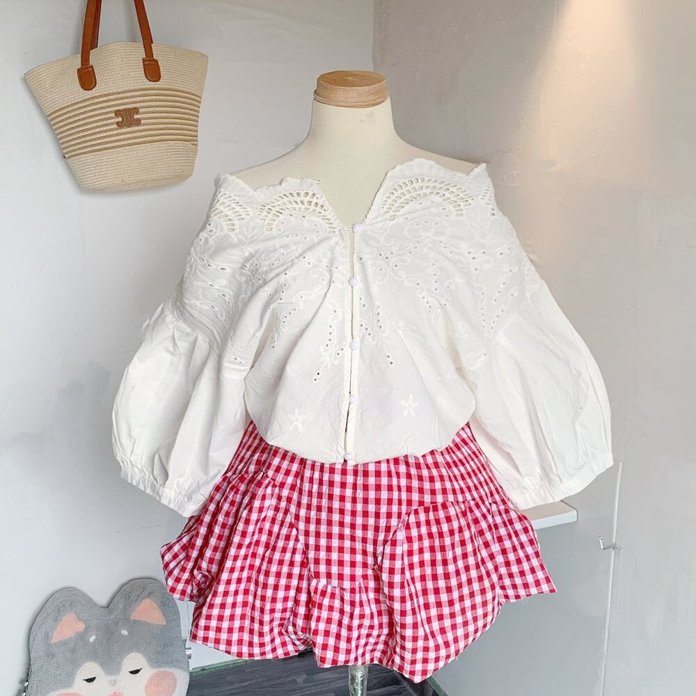 Sweet White Eyelet Lace Blouse Puff Sleeves